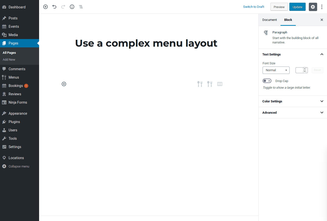Screenshot of building a complex layout in the block editor