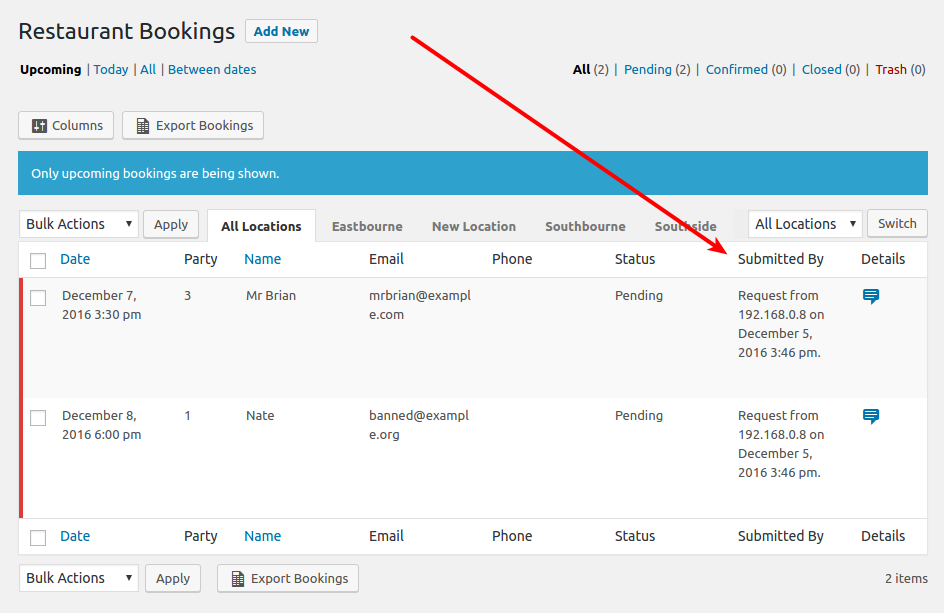 Screenshot indicating Submitted By column in Bookings list