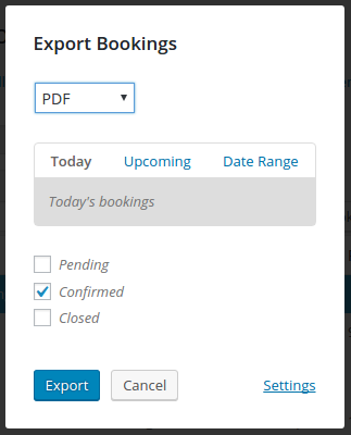 Screenshot showing the Export Bookings modal