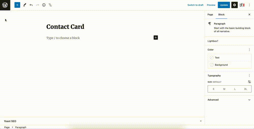 Gif of adding the contact card block