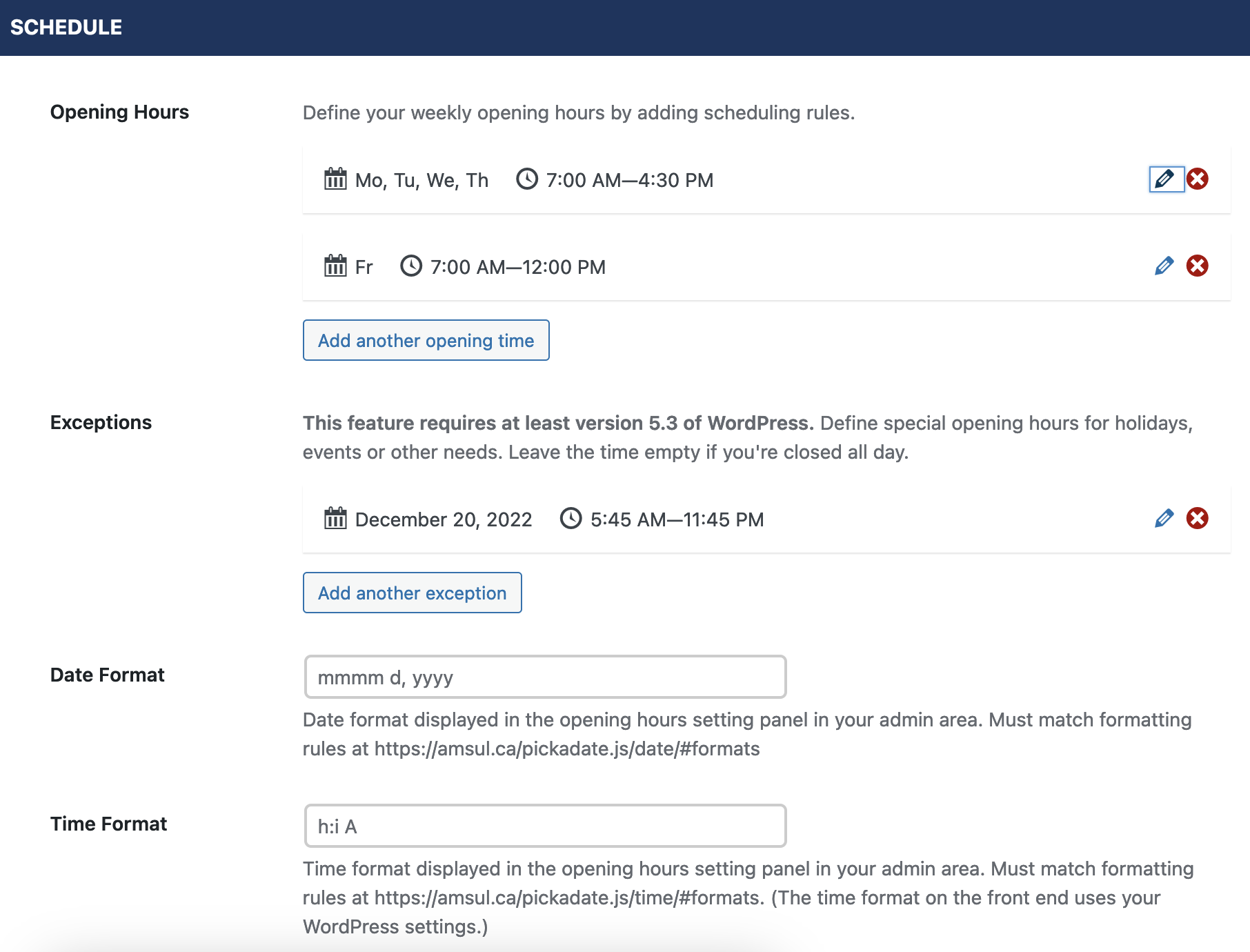 Screenshot of the schedule settings page