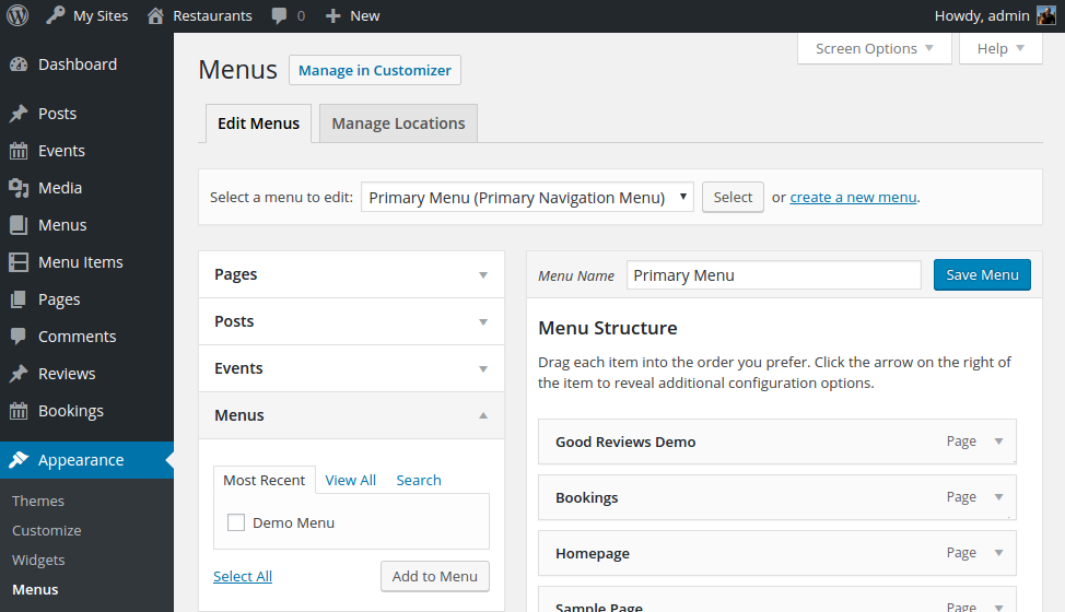 Screenshot of the WordPress menus page