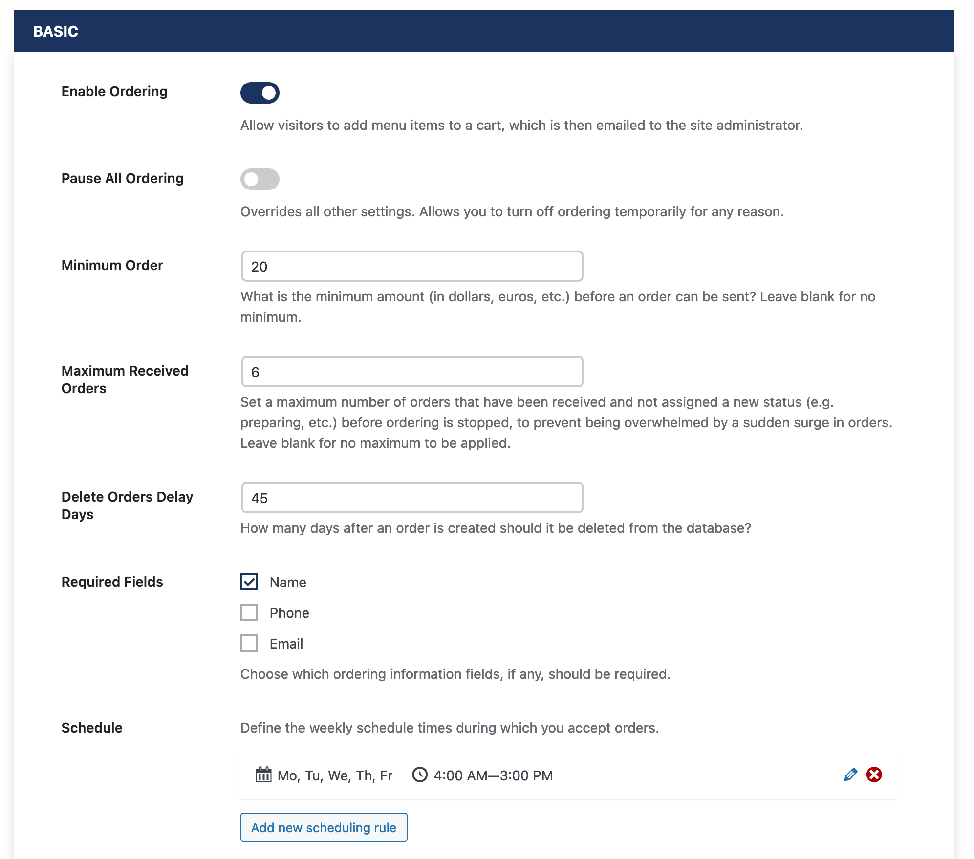 Screenshot of the basic ordering settings