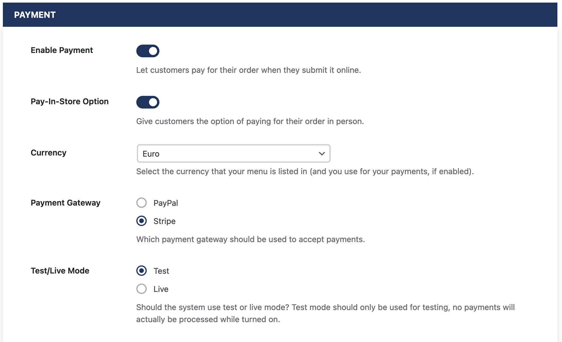 Screenshot of the payment ordering options