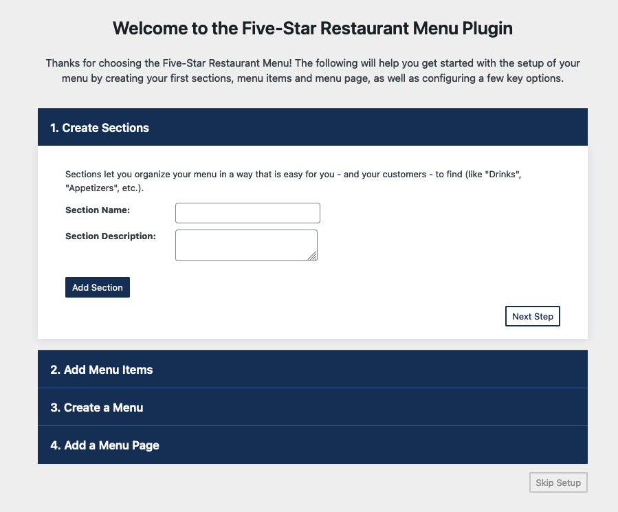 Screenshot of the Five Star Restaurant Menu walk-through