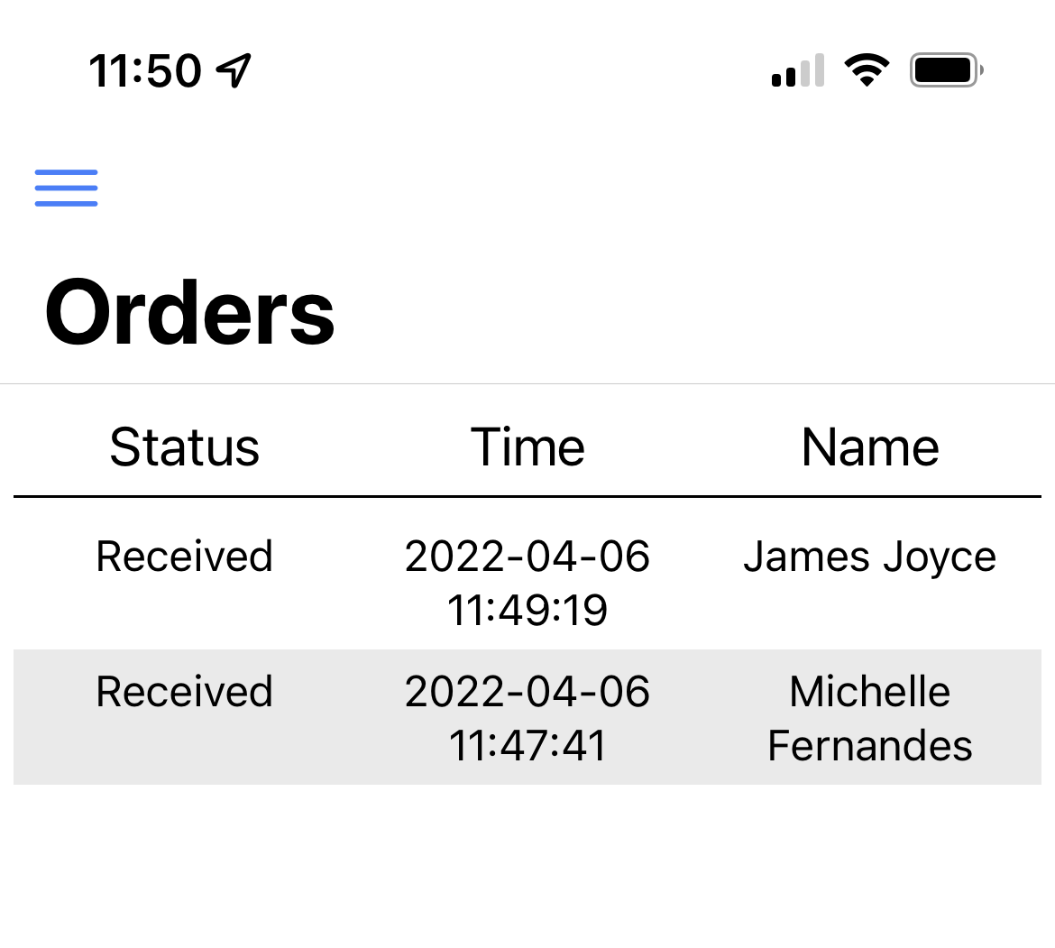 Screenshot of orders overview page in the app