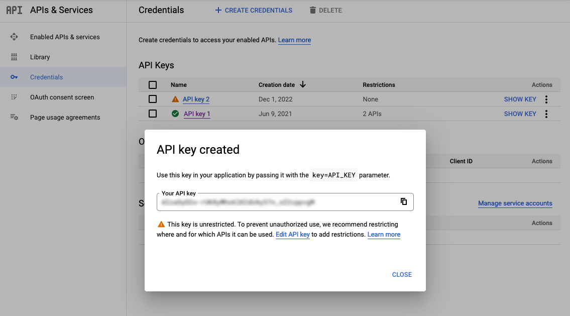 Screenshot of screen where you can create a new API key