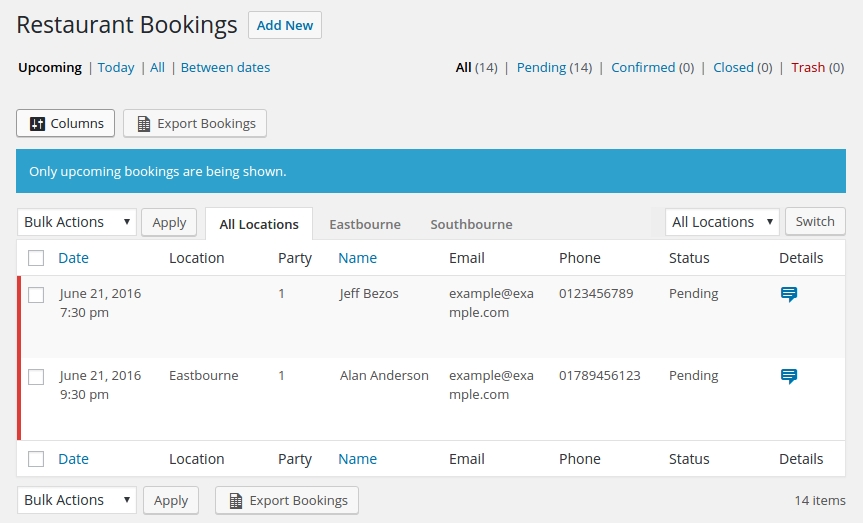 Screenshot showing location view in bookings list