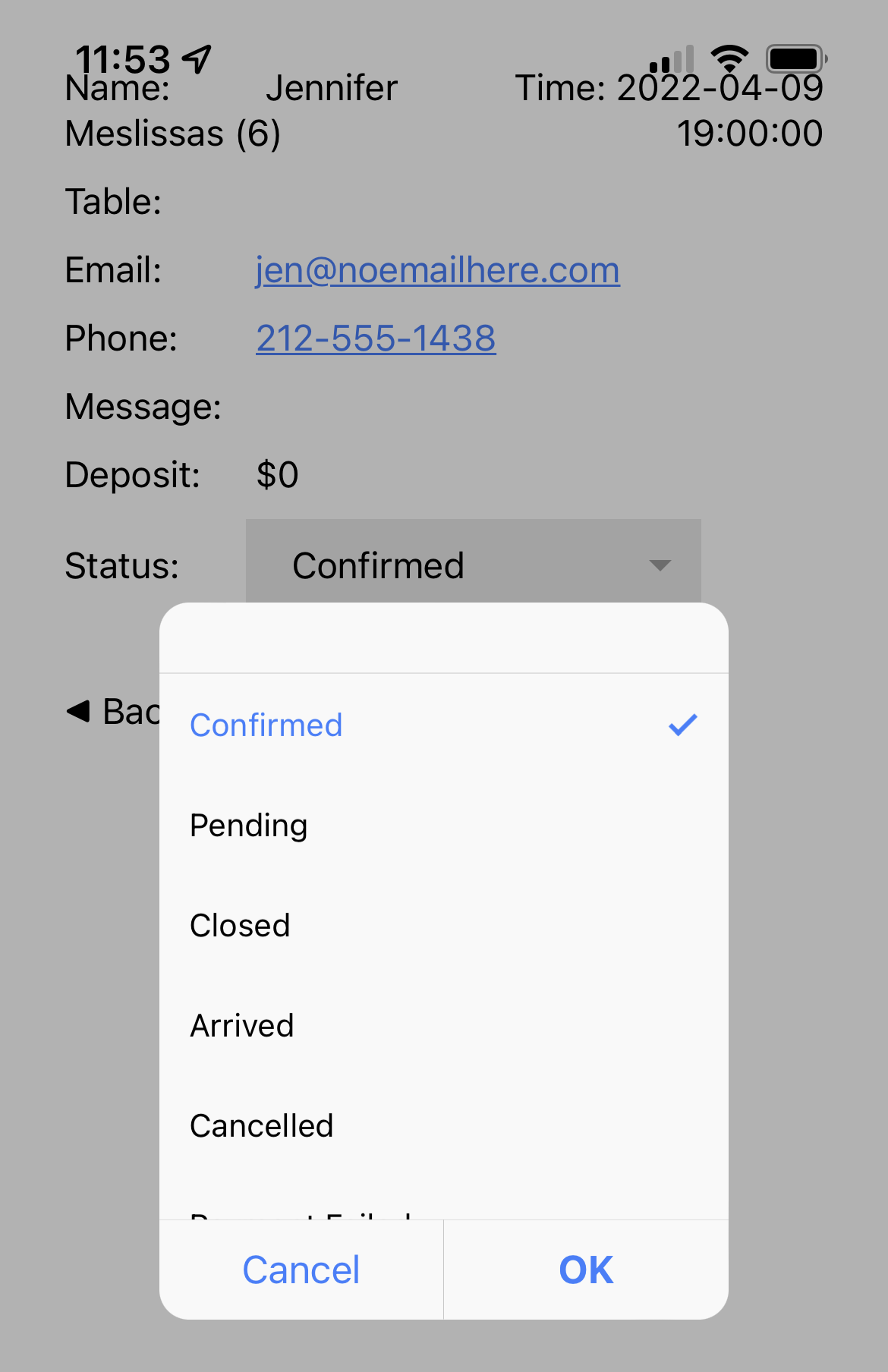 Screenshot of an individual reservation in the app