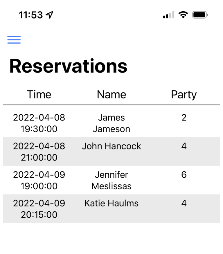 Screenshot of the reservations overview page in the app