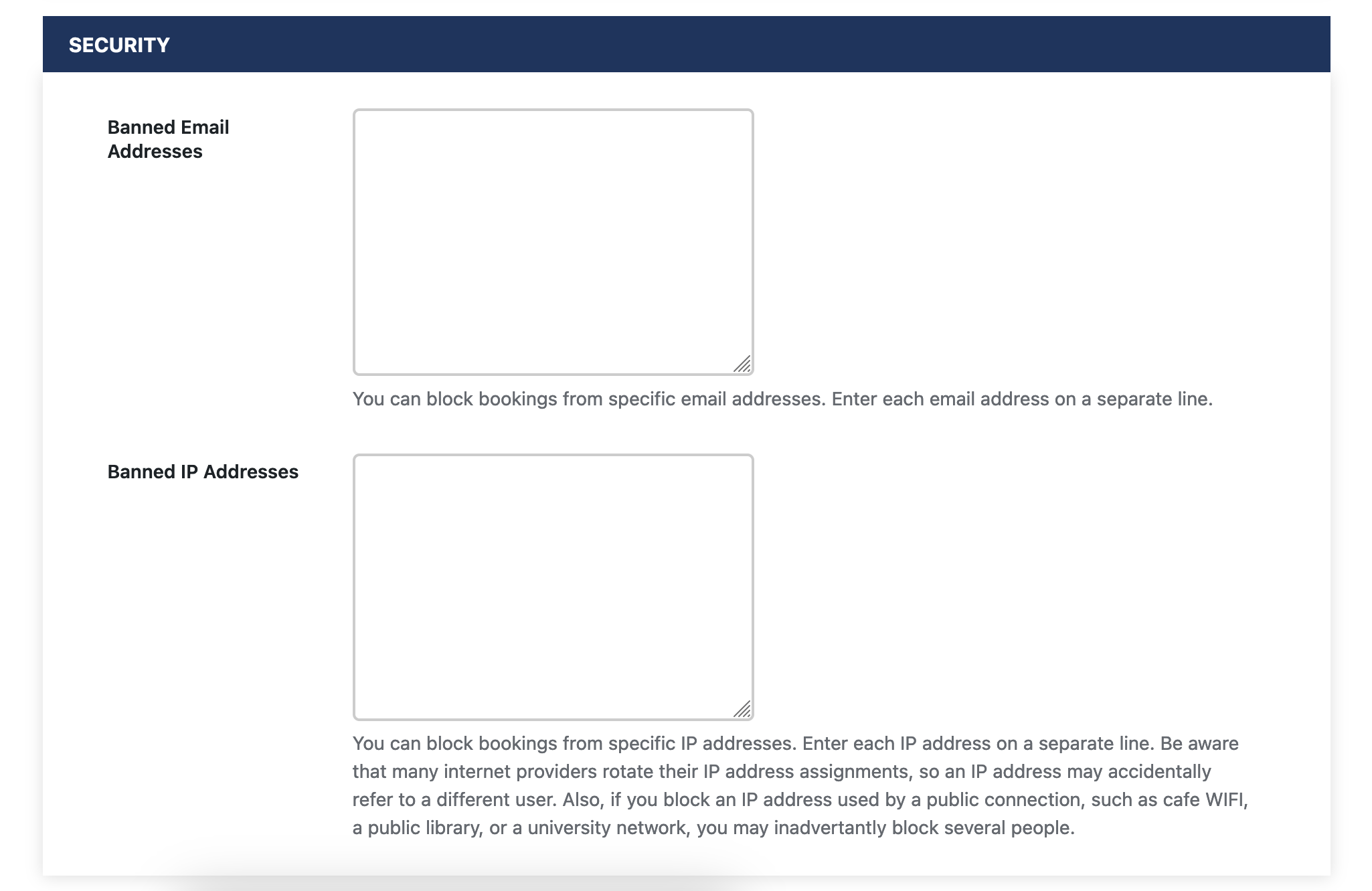 Screenshot of customer ban settings