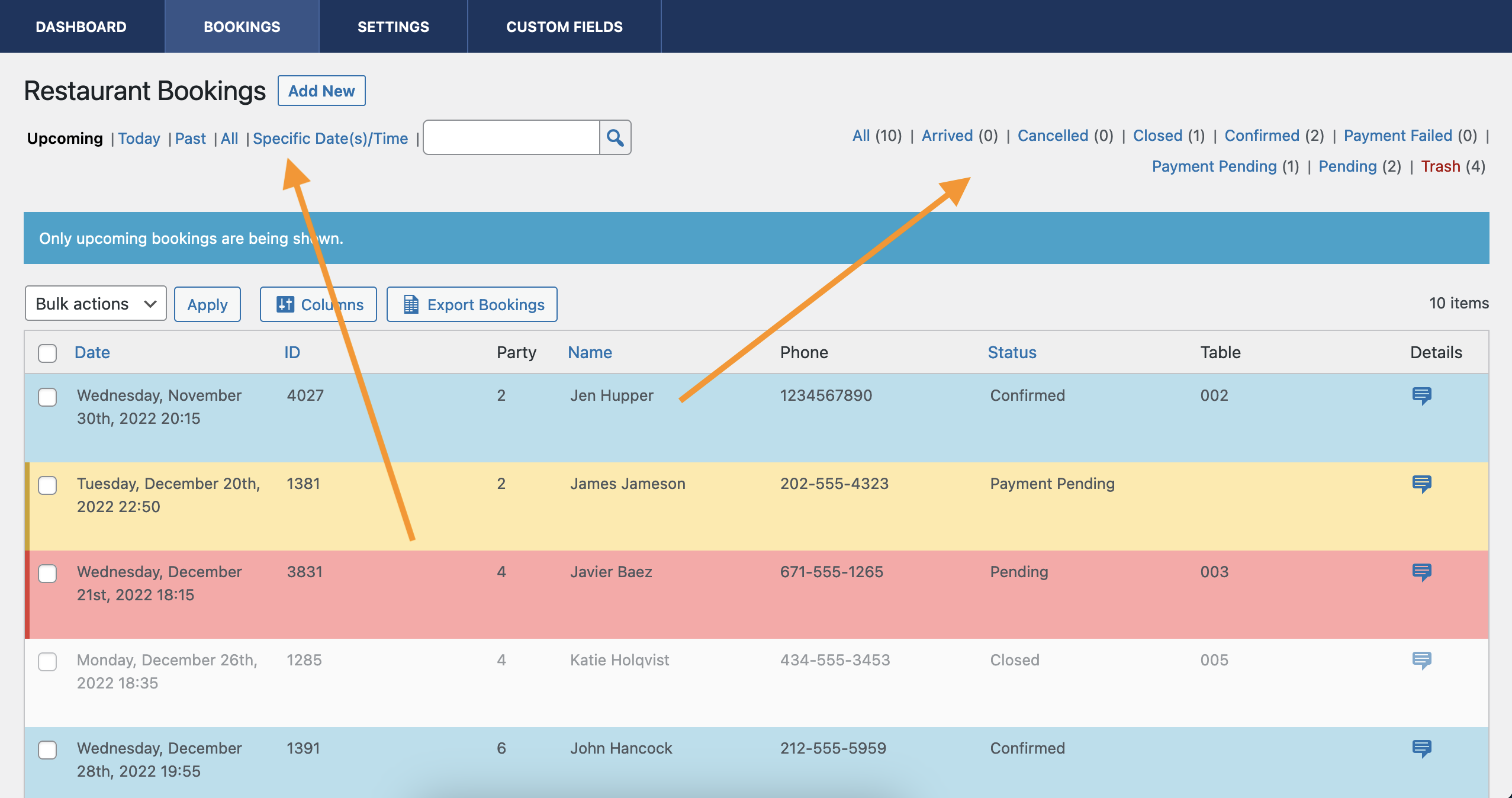 Screenshot pointing out booking filters