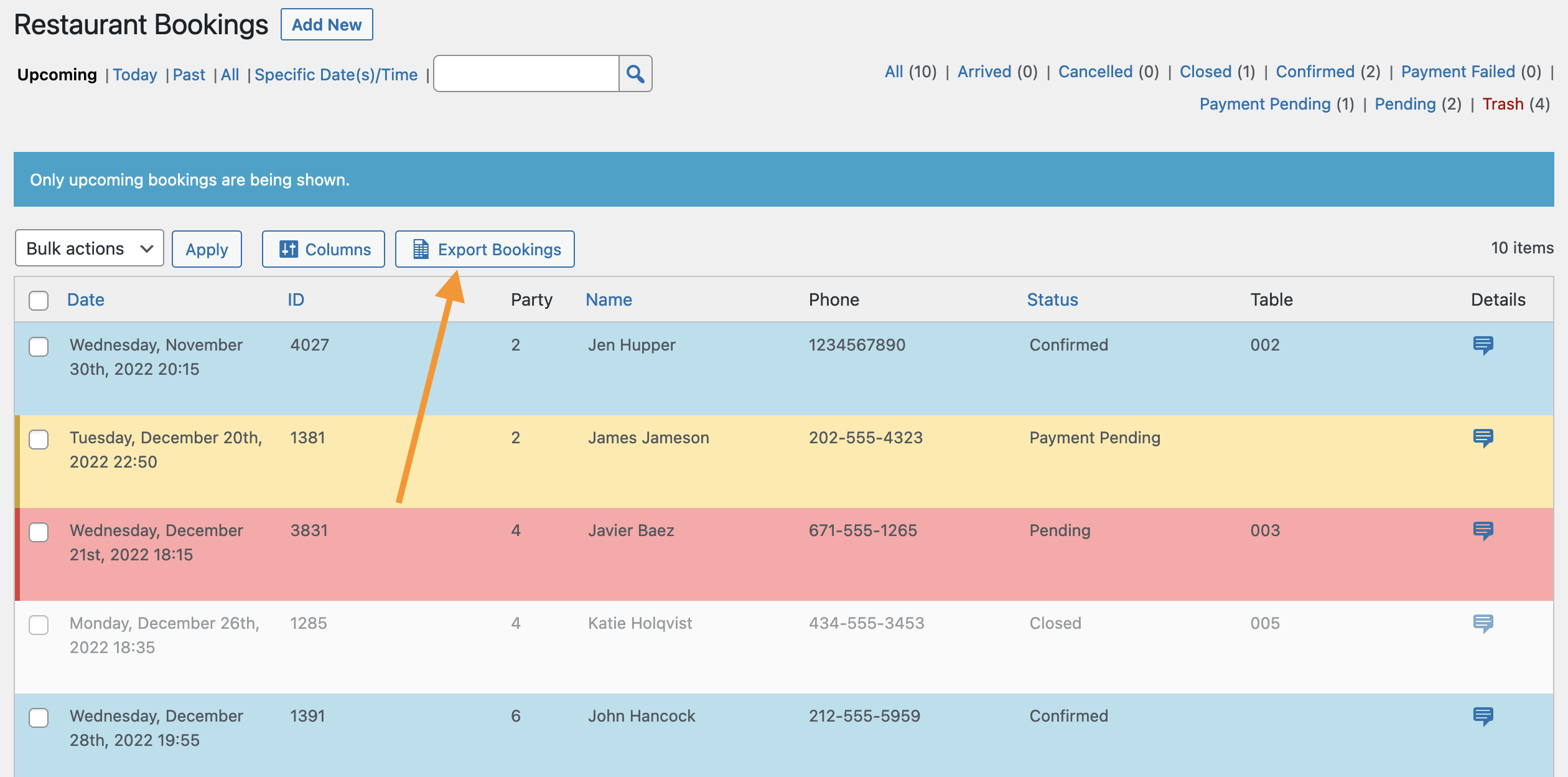 Screenshot pointing out the Export Bookings button