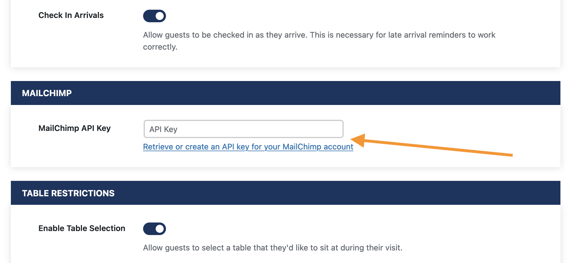 Screenshot of the MailChimp api key prompt
