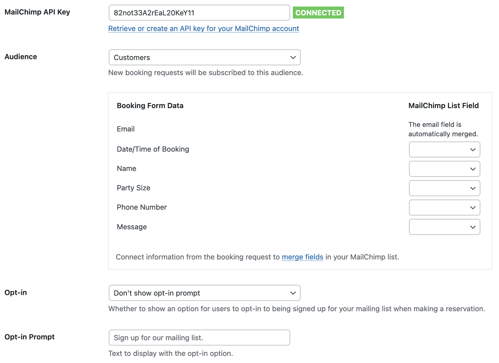 Screenshot of the MailChimp settings