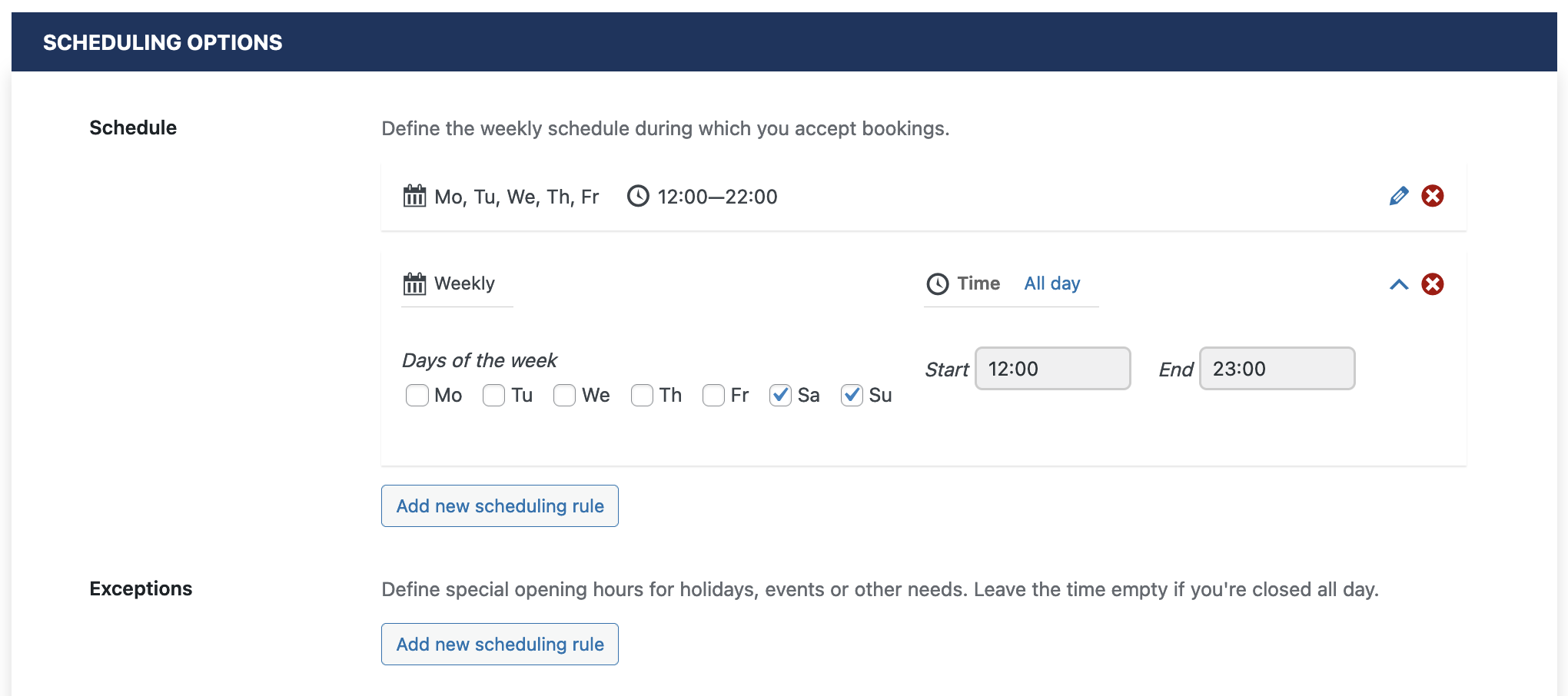 Screenshot of the schedule settings page