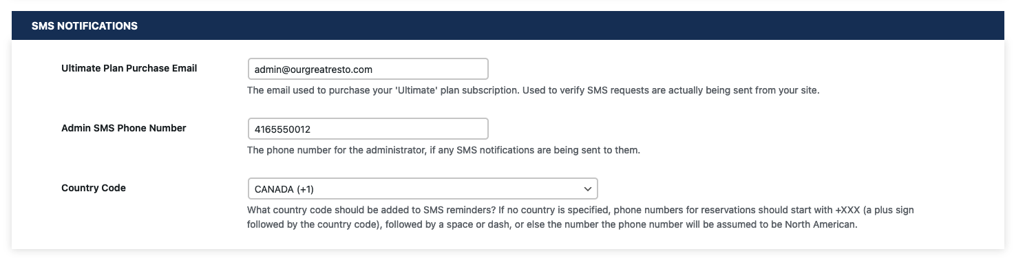 Screenshot of SMS settings
