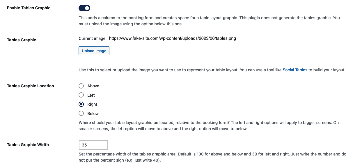 Screenshot of tables graphic settings